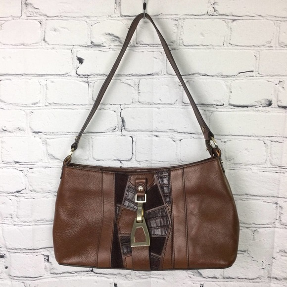 Etienne Aigner Brown Genuine Leather Color Block Zippered Small Shoulder Bag - Picture 6 of 12
